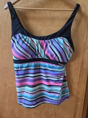 ZeroXposur Women Swim Tankini Top in Black with Multi-Color Stripes
